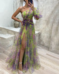 Floral Tulle One Shoulder Split Maxi Dress - Formal Evening Gown