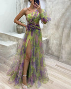 Floral Tulle One Shoulder Split Maxi Dress - Formal Evening Gown