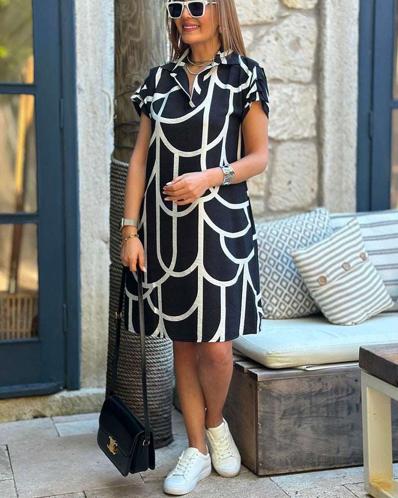 Geometric Scale Print Collared Short Sleeve Casual Shirt Dress