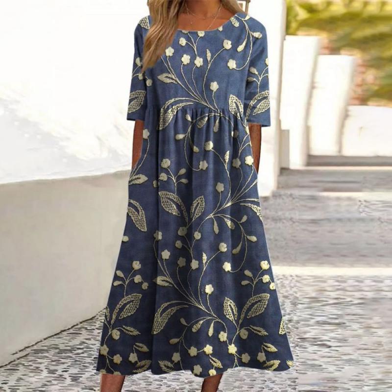 Floral Vine Print Gathered Waist Casual Midi Dress