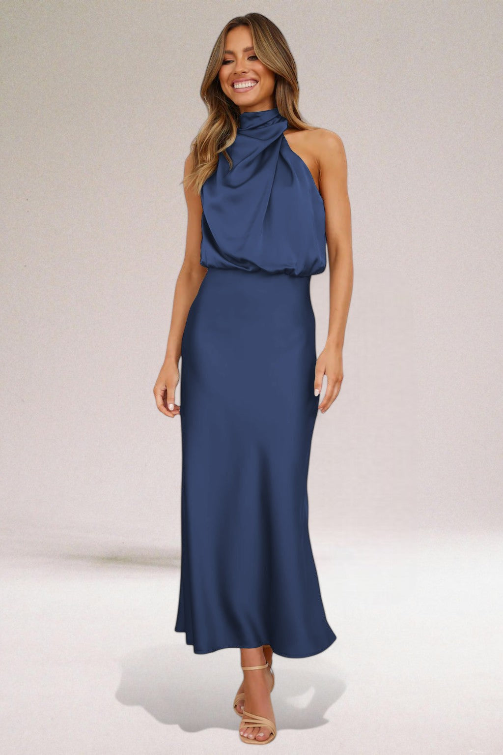 Satin Draped Halter Neck Bias Cut Maxi Dress - Wedding Guest