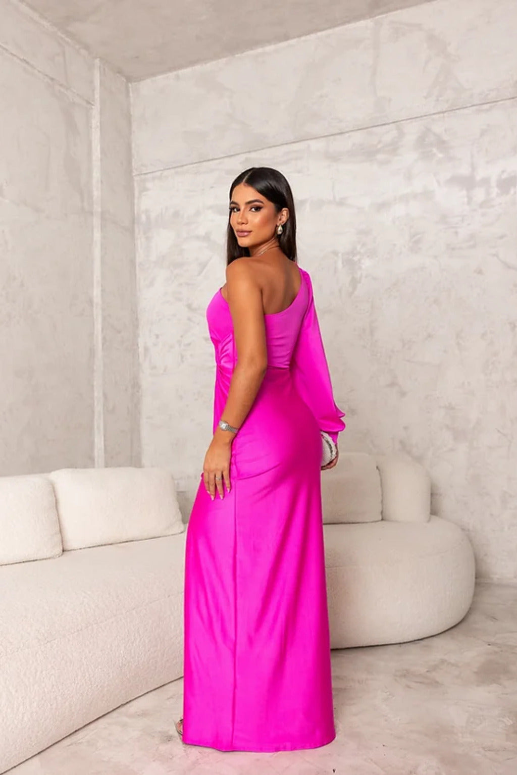 Satin One Shoulder Ruched Split Maxi Dress - Formal Evening Gown