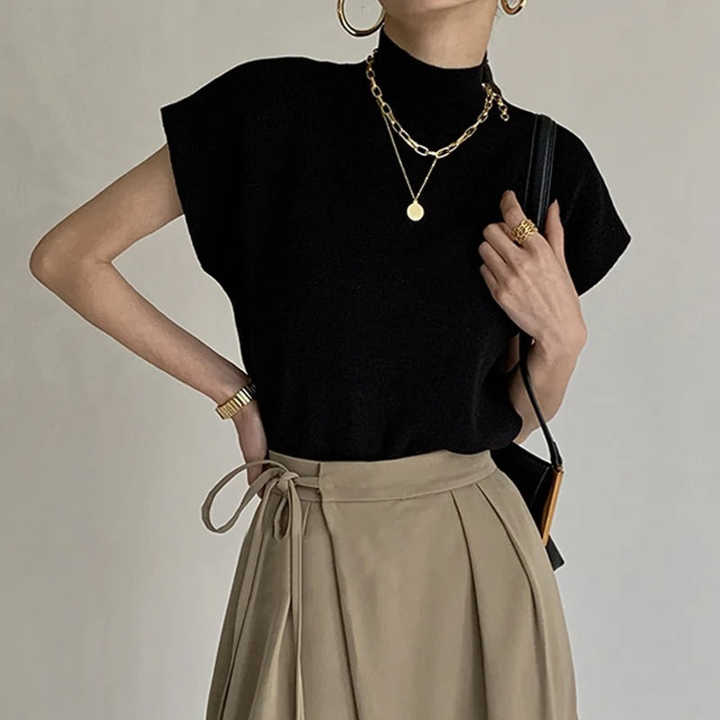 Mock Neck Sleeveless Shoulder Pad Casual Knit Top