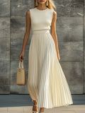 Crew Neck Ribbed Knit Bodice Pleated Skirt Sleeveless Maxi Dress - Wedding Guest