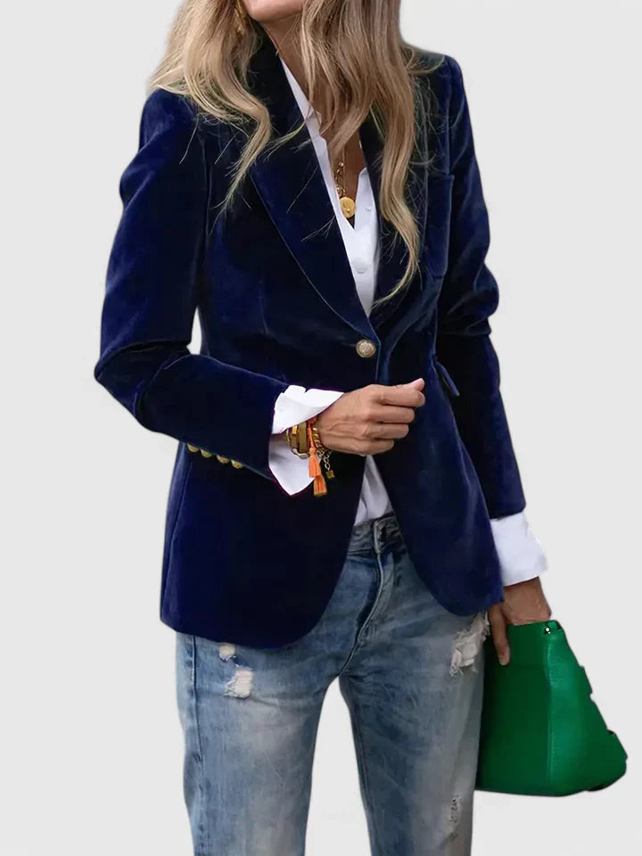 Single Button Gold Trim Velvet Notch Lapel Blazer