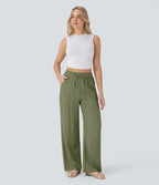 Smocked High Waist Drawstring Wide Leg Linen Pant