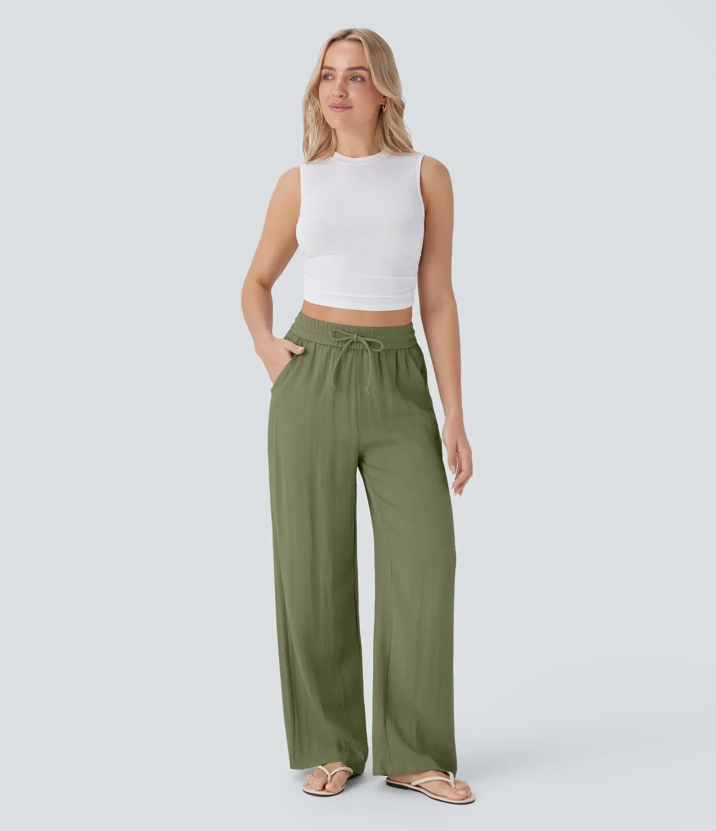 Smocked High Waist Drawstring Wide Leg Linen Pant