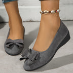 Suede Bow Detail Round Toe Slip On Wedge Ballet Flats