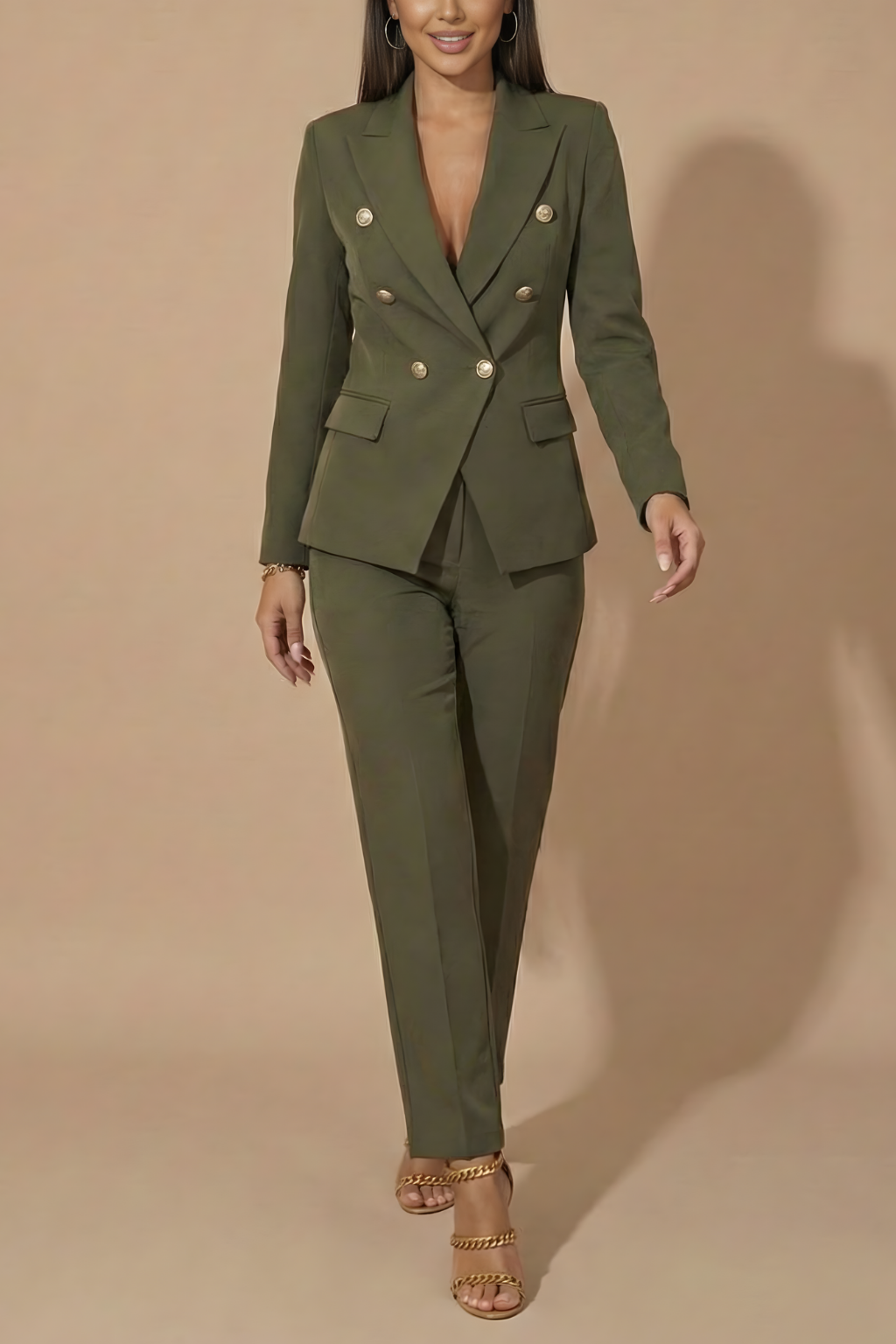 Gold Button Double Breasted Blazer Straight Leg Trouser Suit Set