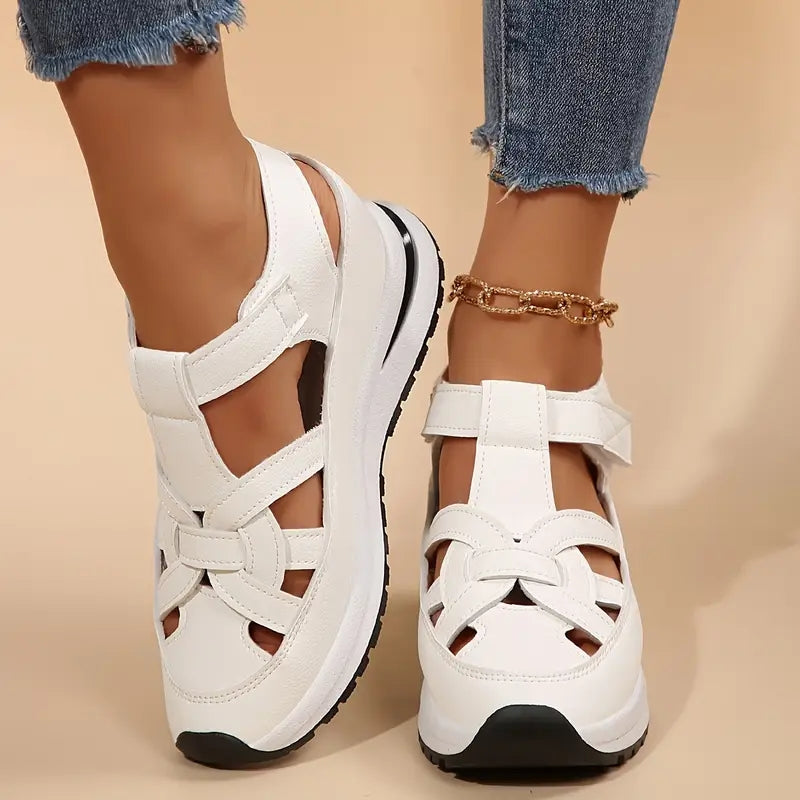 Woven Cut Out Velcro Ankle Strap Flatform Sport Sandals