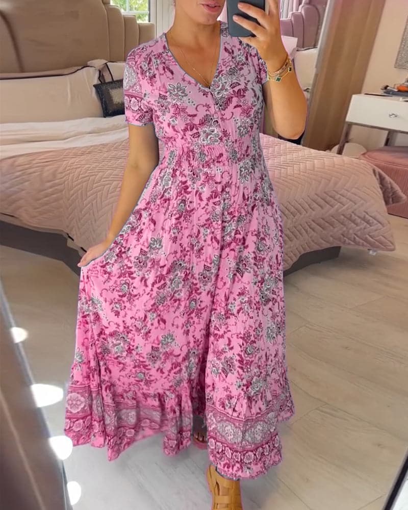 Floral Paisley V Neck Short Sleeve Boho Maxi Dress