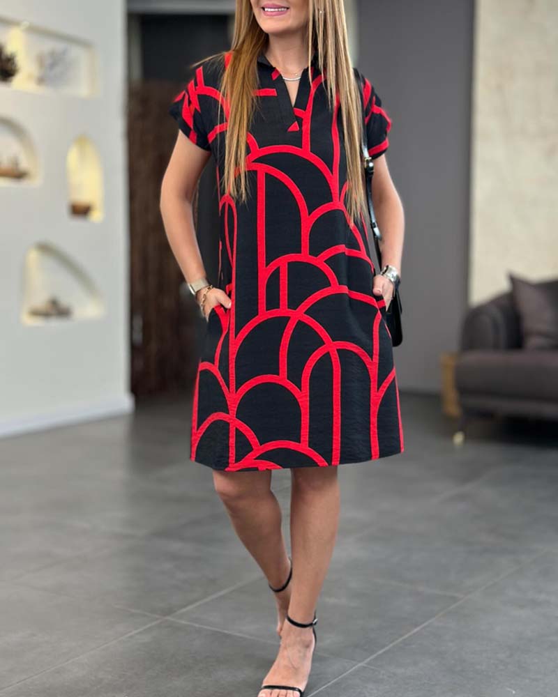 Geometric Scale Print Collared Short Sleeve Casual Shirt Dress