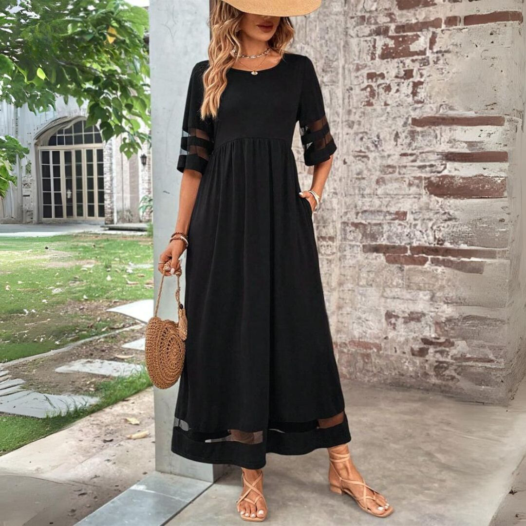 Mesh Panel Flare Sleeve Smock Waist Casual Maxi Dress