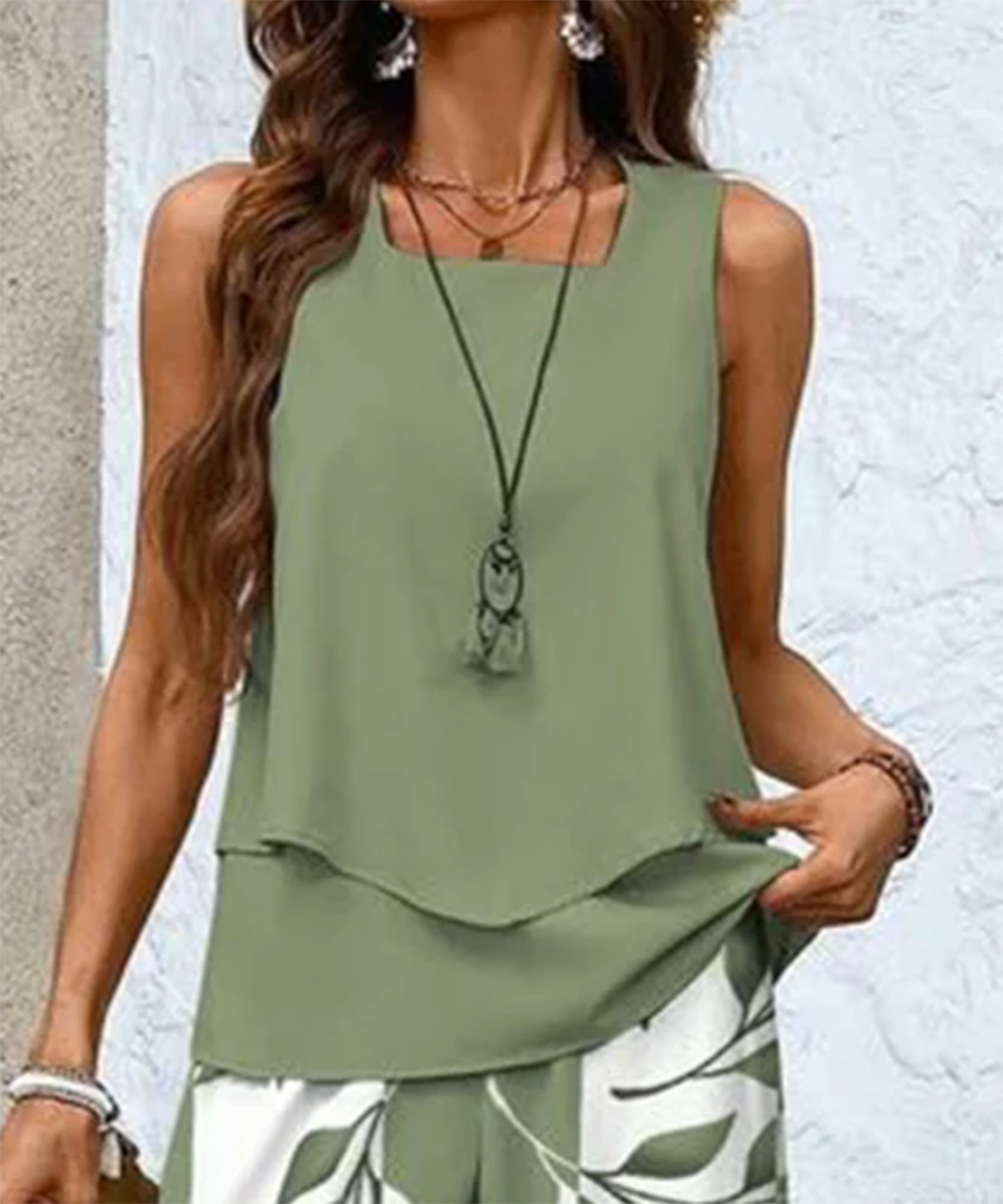 Leaf Print Sleeveless Top Wide Leg Trouser Two Piece Set