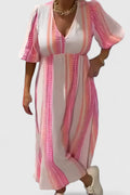 Tropical Stripe Print V Neck Puff Sleeve Empire Waist Maxi Dress