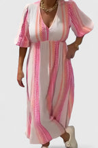 Tropical Stripe Print V Neck Puff Sleeve Empire Waist Maxi Dress