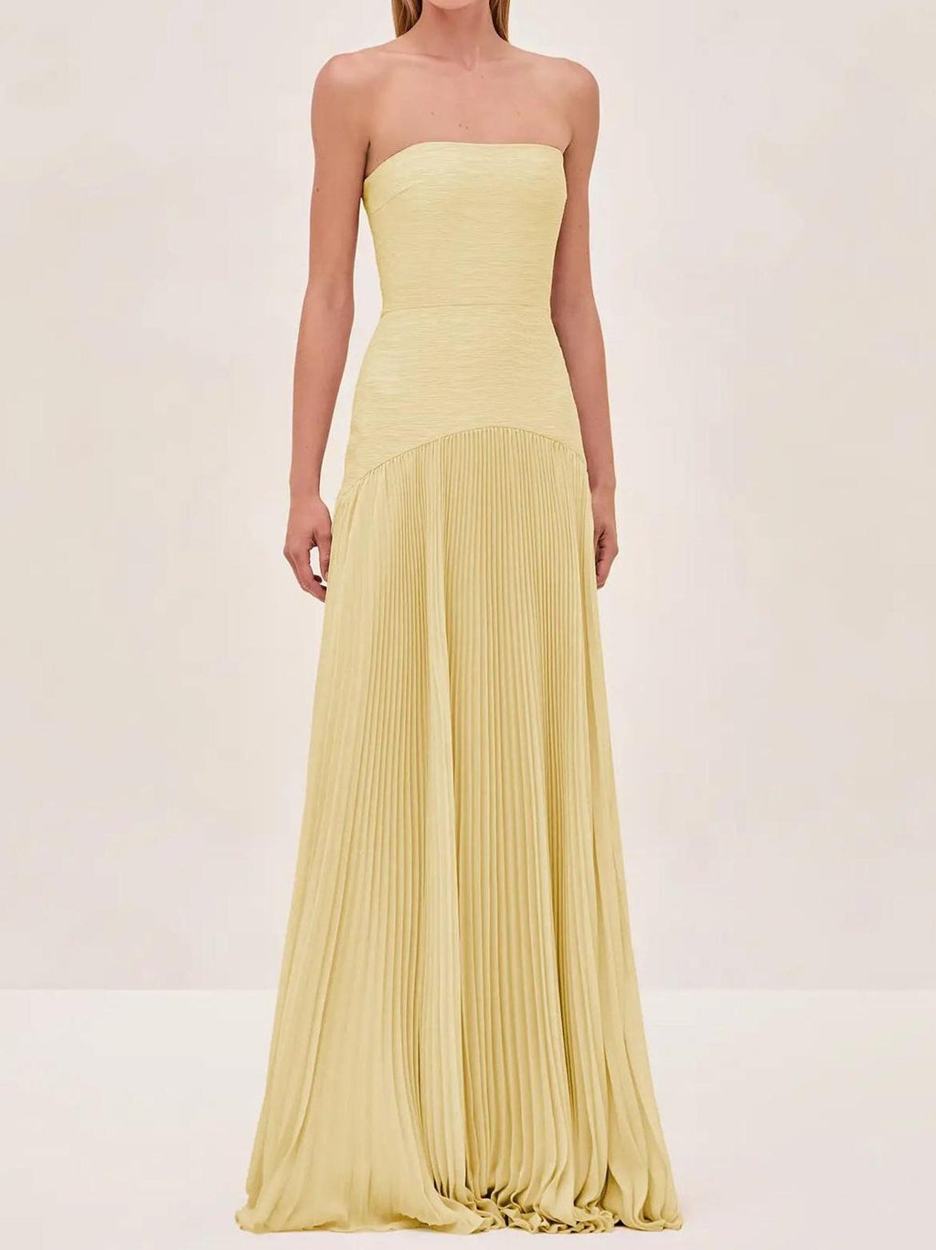 Strapless Ruched Bodice Pleated Skirt Flowy Maxi Dress - Wedding Guest