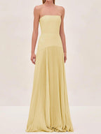 Strapless Ruched Bodice Pleated Skirt Flowy Maxi Dress - Wedding Guest