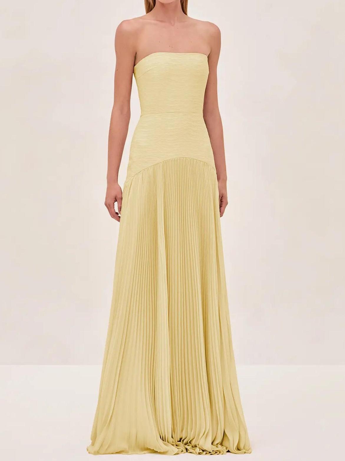 Strapless Ruched Bodice Pleated Skirt Flowy Maxi Dress - Wedding Guest