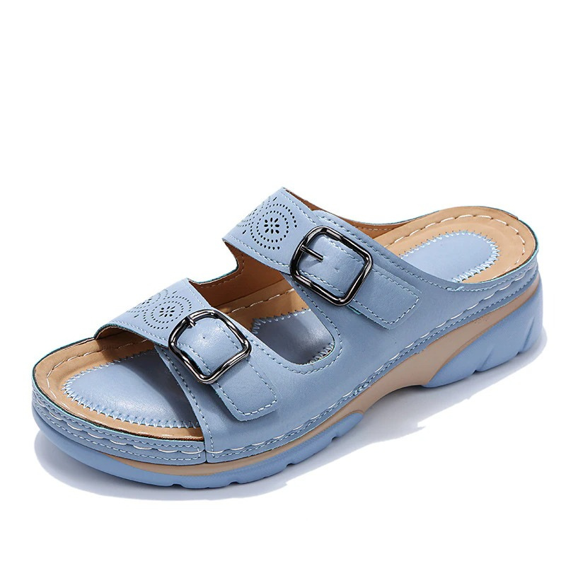 Double Buckle Strap Laser Cut Wedge Platform Slide Sandal
