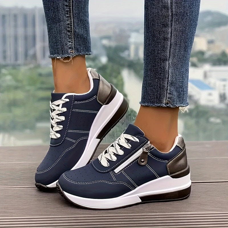 Perforated Side Zip Lace Up Casual Platform Sneaker