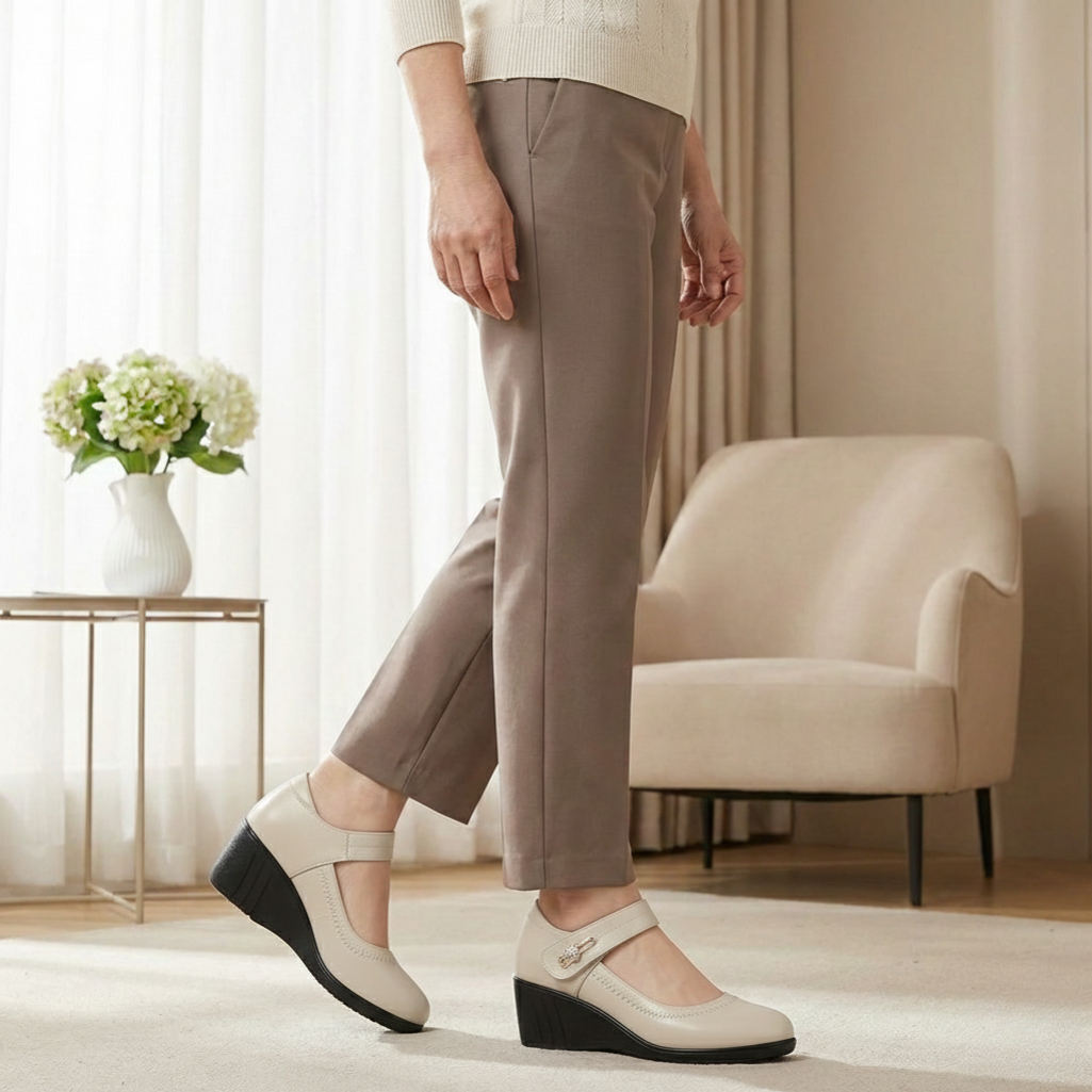 Velcro Strap Embossed Leather Wedge Mary Jane Shoe