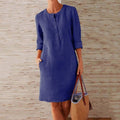 Crew Neck Half Button Roll Sleeve Patch Pocket Linen Midi Dress
