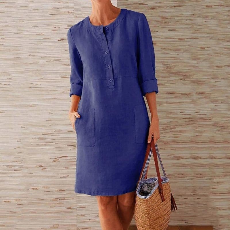 Crew Neck Half Button Roll Sleeve Patch Pocket Linen Midi Dress