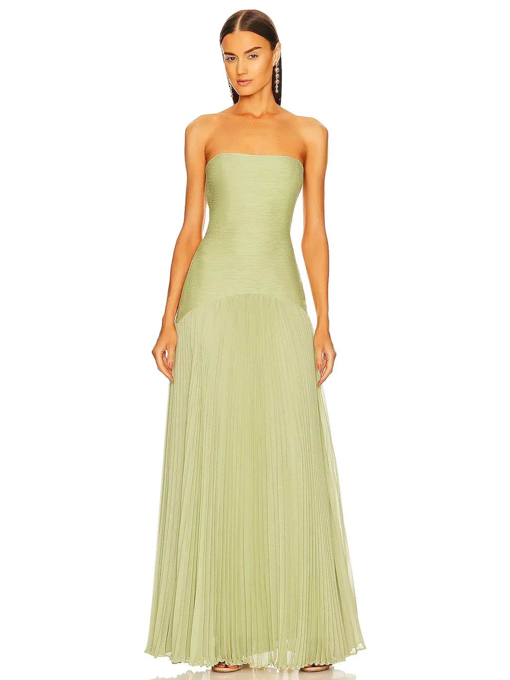 Strapless Ruched Bodice Pleated Skirt Flowy Maxi Dress - Wedding Guest