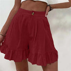 High Waist Ruffle Hem Single Button Casual Cotton Short