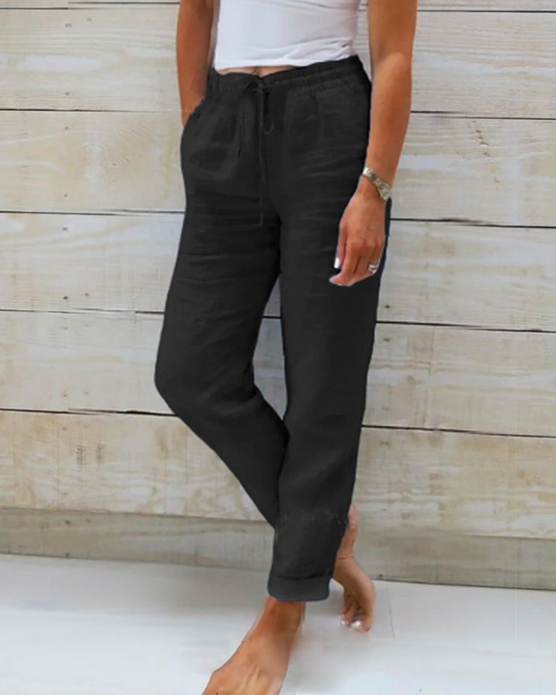 Drawstring Elasticated Waist Straight Leg Linen Pant