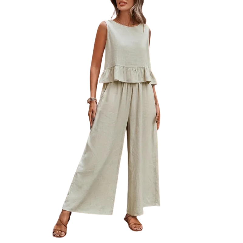 Ruffle Hem Sleeveless Tank Top and Wide Leg Linen Pant Set