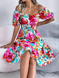 Floral Off Shoulder Puff Sleeve Smocked Waist Ruffle Midi Dress
