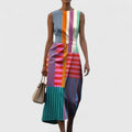 Geometric Patchwork Striped Sleeveless Midi Dress