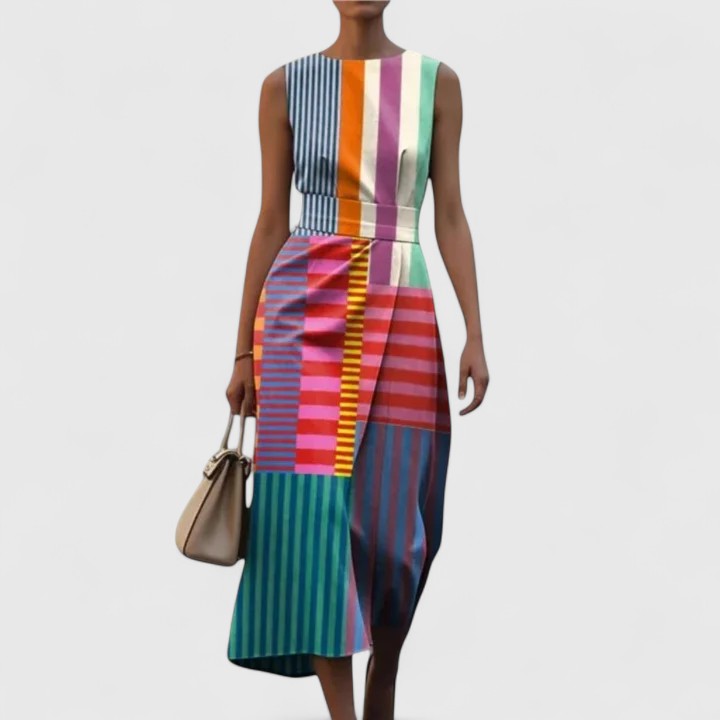 Geometric Patchwork Striped Sleeveless Midi Dress