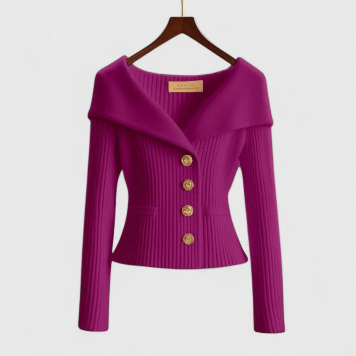 Off Shoulder Fold Collar Gold Button Fitted Ribbed Cardigan