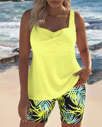 Twist Front Ribbed Tankini Top Tropical Print Short Set