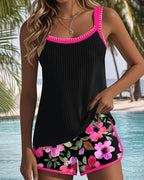 Ribbed Contrast Trim Floral Boyshort Tankini Swimsuit Set