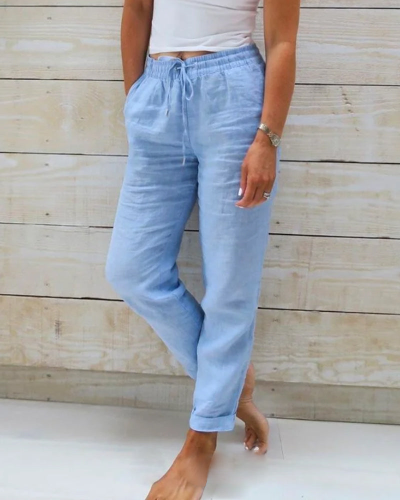 Drawstring Elasticated Waist Straight Leg Linen Pant