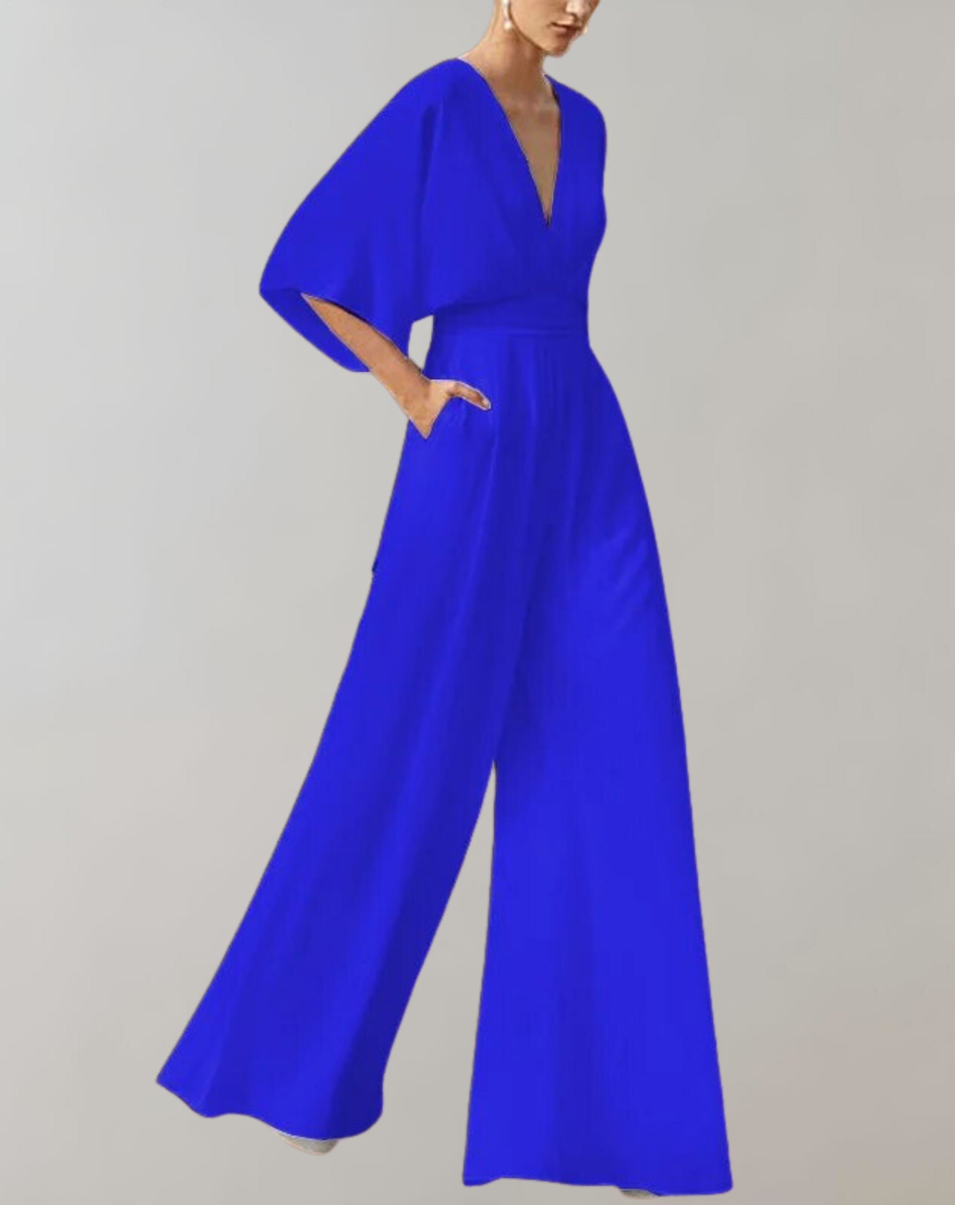 Deep V Neck Kimono Sleeve Belted Wide Leg Formal Jumpsuit