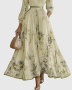 Floral Pleated V-Neck Belted Maxi Dress - Wedding Guest Gown