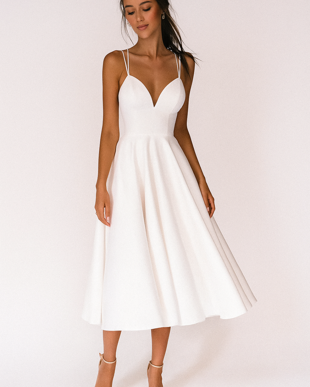 Double Strap Deep V Neck Full Skirt A Line Midi Dress - Formal