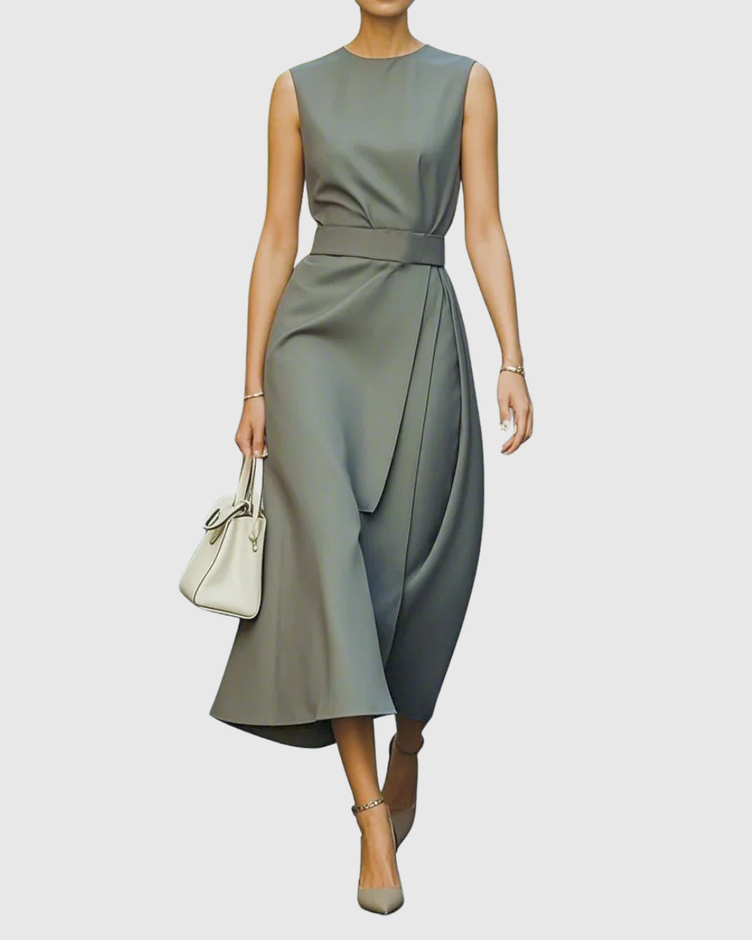Sleeveless Belted Wrap Front Split Elegant Midi Dress