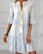 Paisley Print V-Neck Flared Sleeve Boho Casual Midi Dress