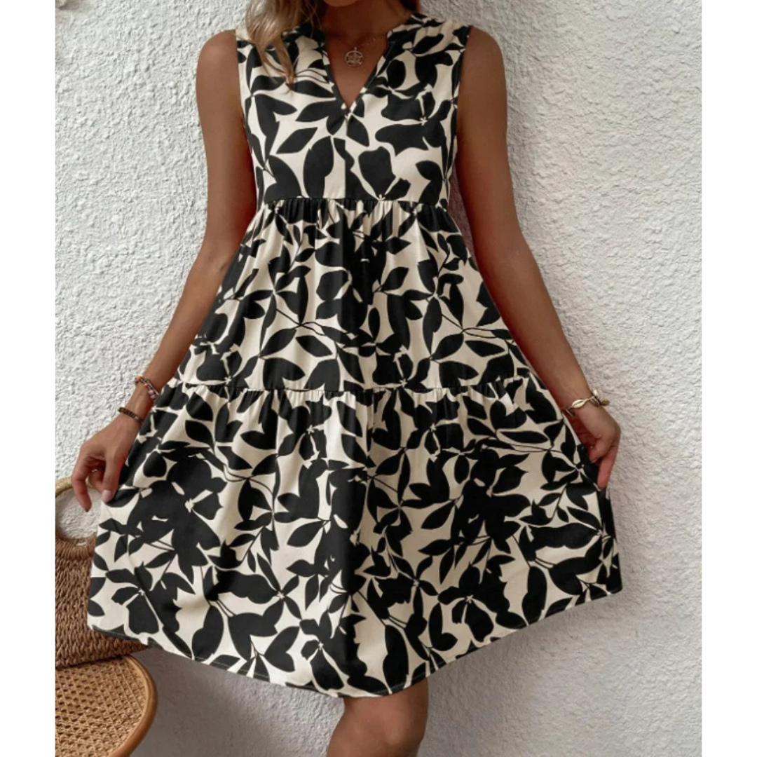 Botanical Leaf Print Tiered Sleeveless V-Neck Mini Dress