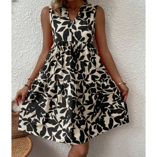 Botanical Leaf Print Tiered Sleeveless V-Neck Mini Dress