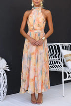 Floral Halter Neck Ruched Waist Flowy Maxi Dress