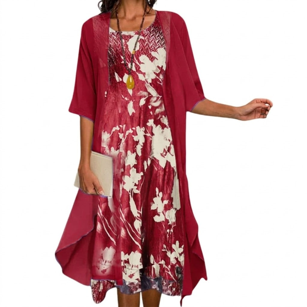 Watercolour Floral Midi Dress Chiffon Jacket Two Piece Set