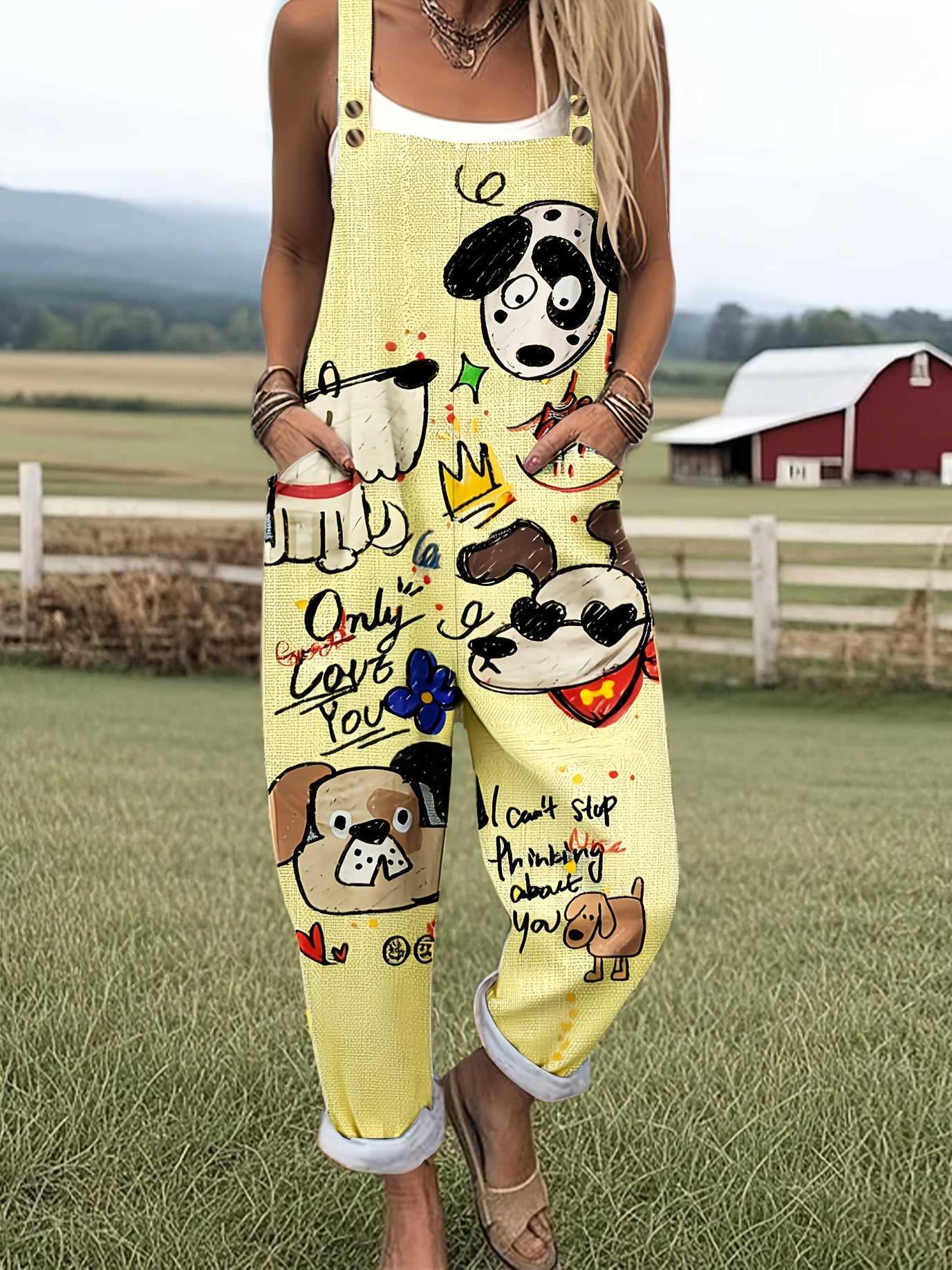 Cartoon Dog Graphic Print Adjustable Strap Pocket Casual Jumpsuit