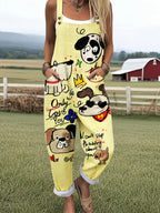 Cartoon Dog Graphic Print Adjustable Strap Pocket Casual Jumpsuit